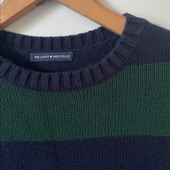 Brandy Melville Dark Green & Navy Thick Stripe Crewneck Sweater Briana Sweater - Picture 3 of 5
